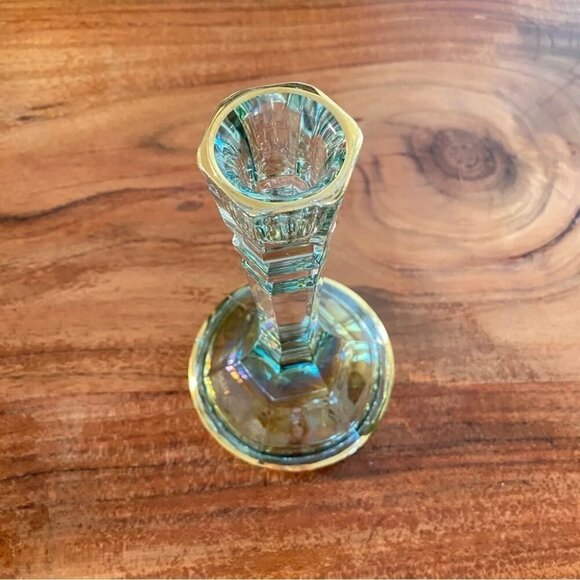 Vintage Italian Lead Crystal Candle Holder in Green and Gold 8.5in - Picture 4 of 16